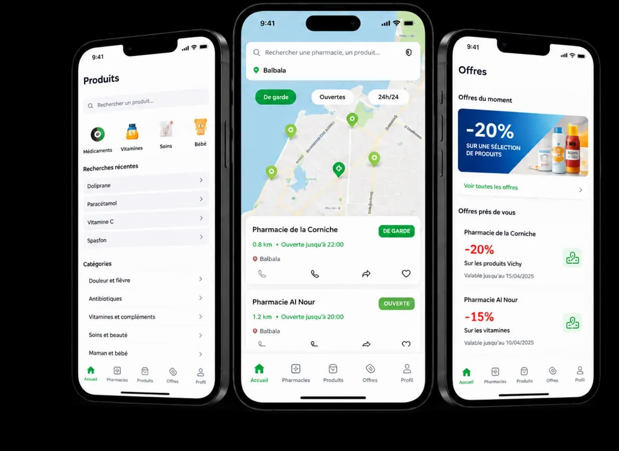 Application pHarmaDjib affichée sur trois téléphones